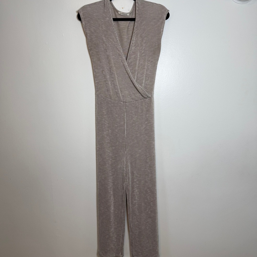 CAUTION TO THE WIND Striped Wrap Jumpsuit‎ Wide Leg Tan Cream Sleeveless Belted